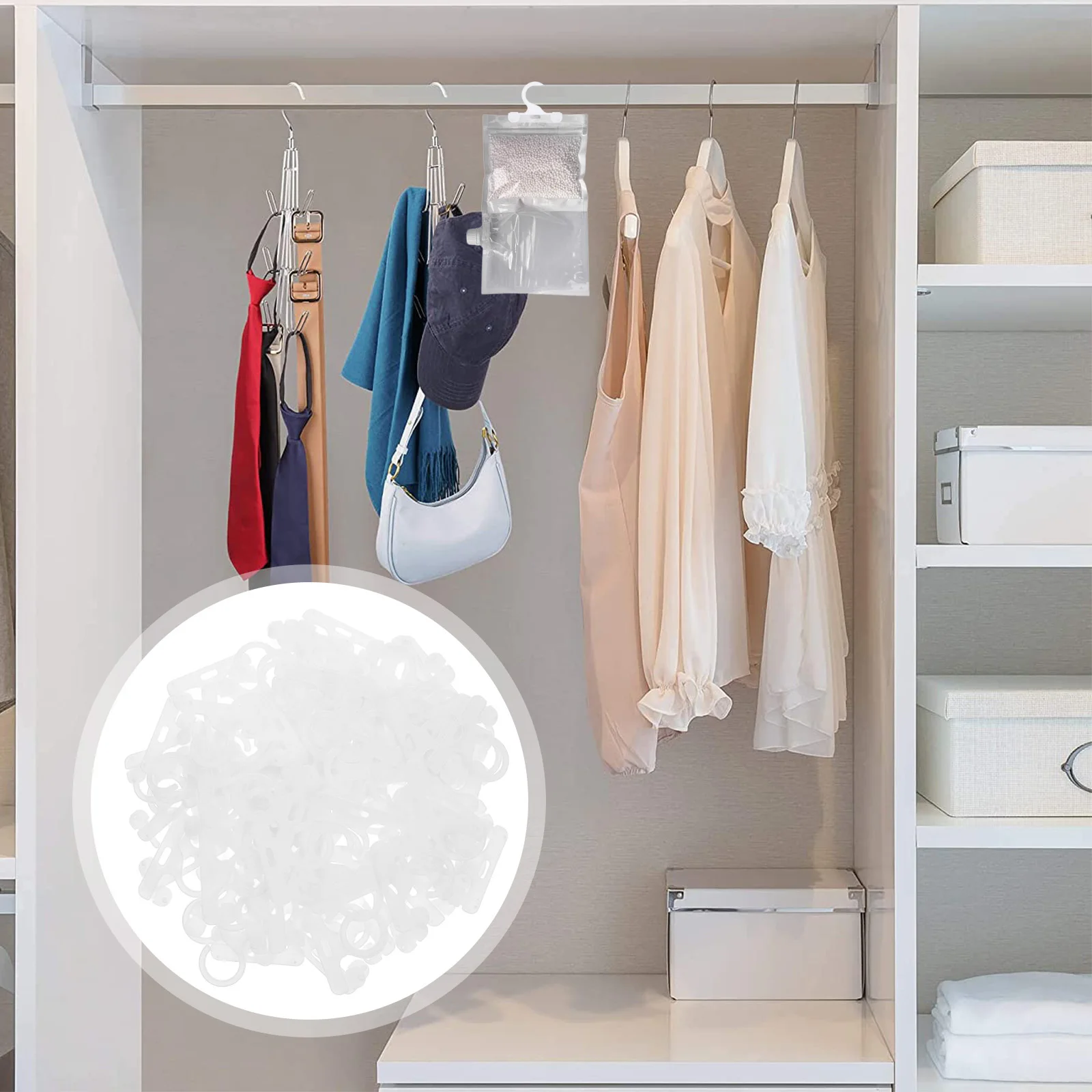 

100Pcs Small Plastic Reusable Hooks for Moisture Absorber Bags Hanging Hooks for Closet Bathroom Shower Accessories