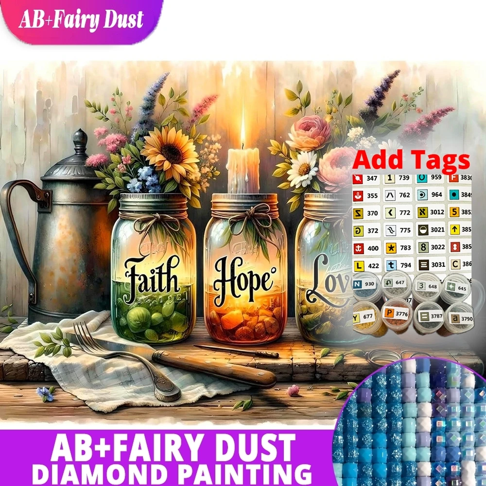AB Fairy Dust DIY Diamond Painting Mason Jar Sunflower Quote Text Farmhouse Full Square Round Mosaic Rhinestones Embroidery Wall