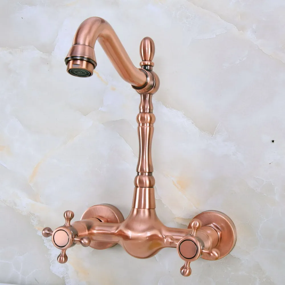 Antique Red Copper Brass Bathroom Kitchen Sink Basin Faucet Mixer Tap Swivel Spout Wall Mounted Dual Handles mnf944