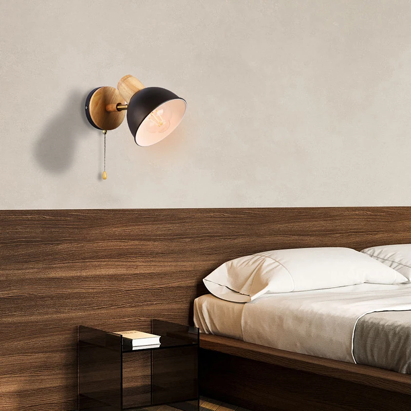 Modern minimalist wall lamp with personalized headboard, single head minimalist macaron wood art, wire drawn iron art wall lamp