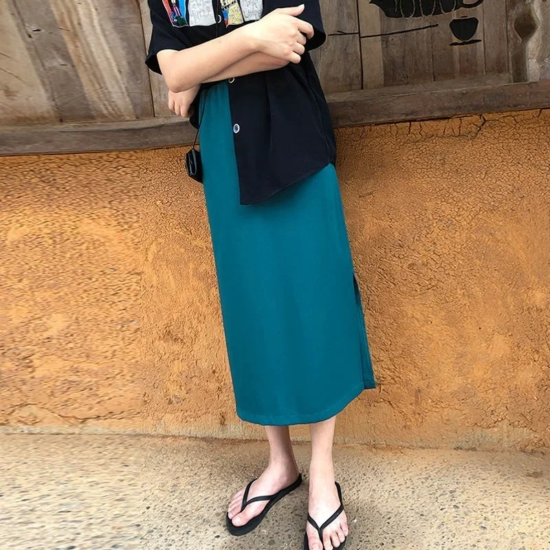 

Skirts Women Side-split Ulzzang Solid Tender Fashion Summer Mujer High Waist Chiffon Ins A-line Elegant Simple Soft Юбка Женская