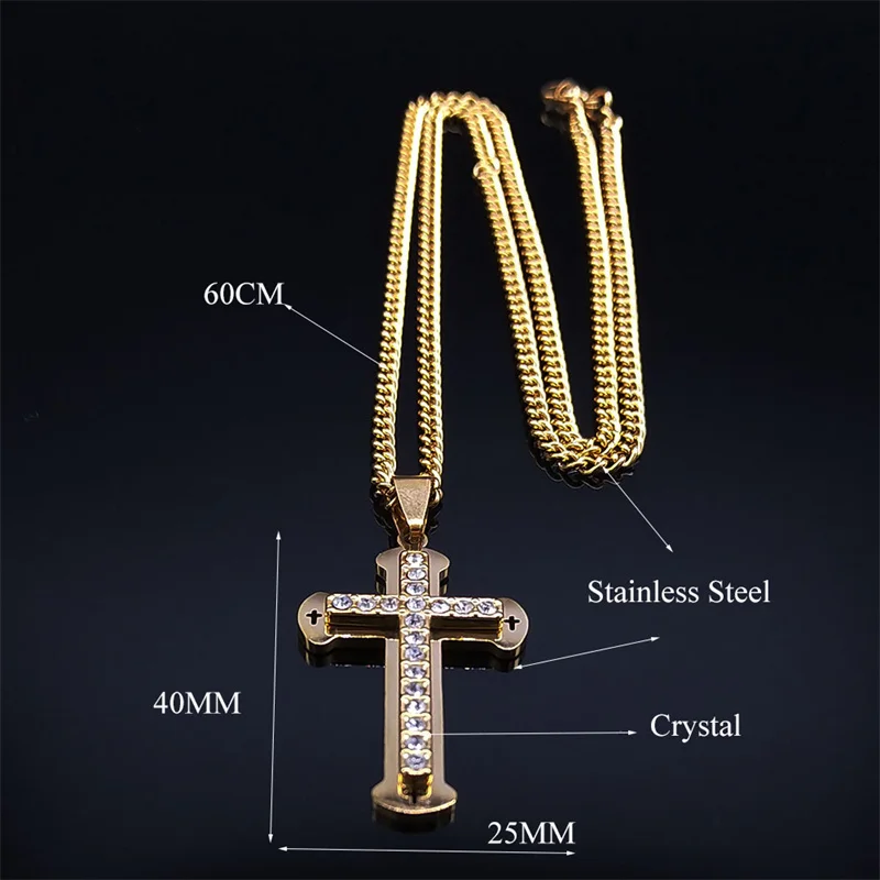 Kalung Salib Yesus Kristen Hip Hop untuk Wanita Hadiah Perhiasan Kalung Religius Berlapis Emas Baja Tahan Karat Berlian Imitasi N6591