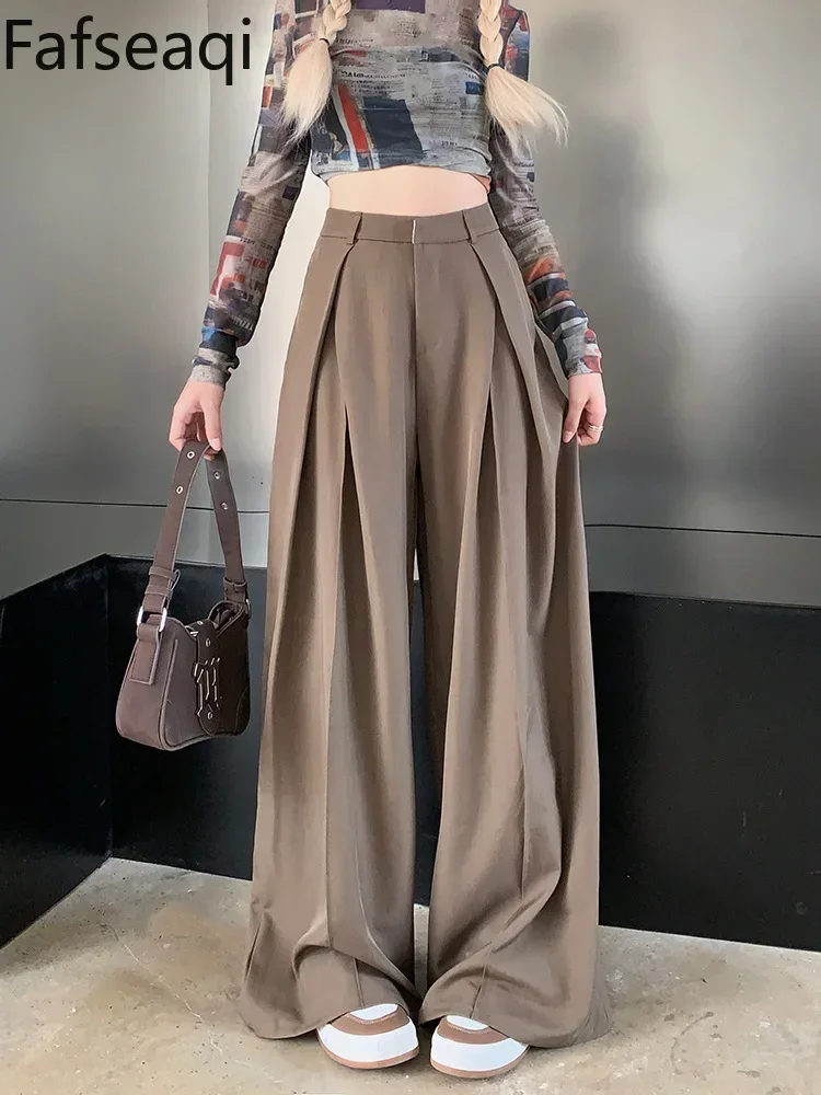 Khaki Wide Leg Trousers for Women 2024 Autumn High Waist Loose Draped Full Pants with Folds Baggy Women's Straight Suit Pants