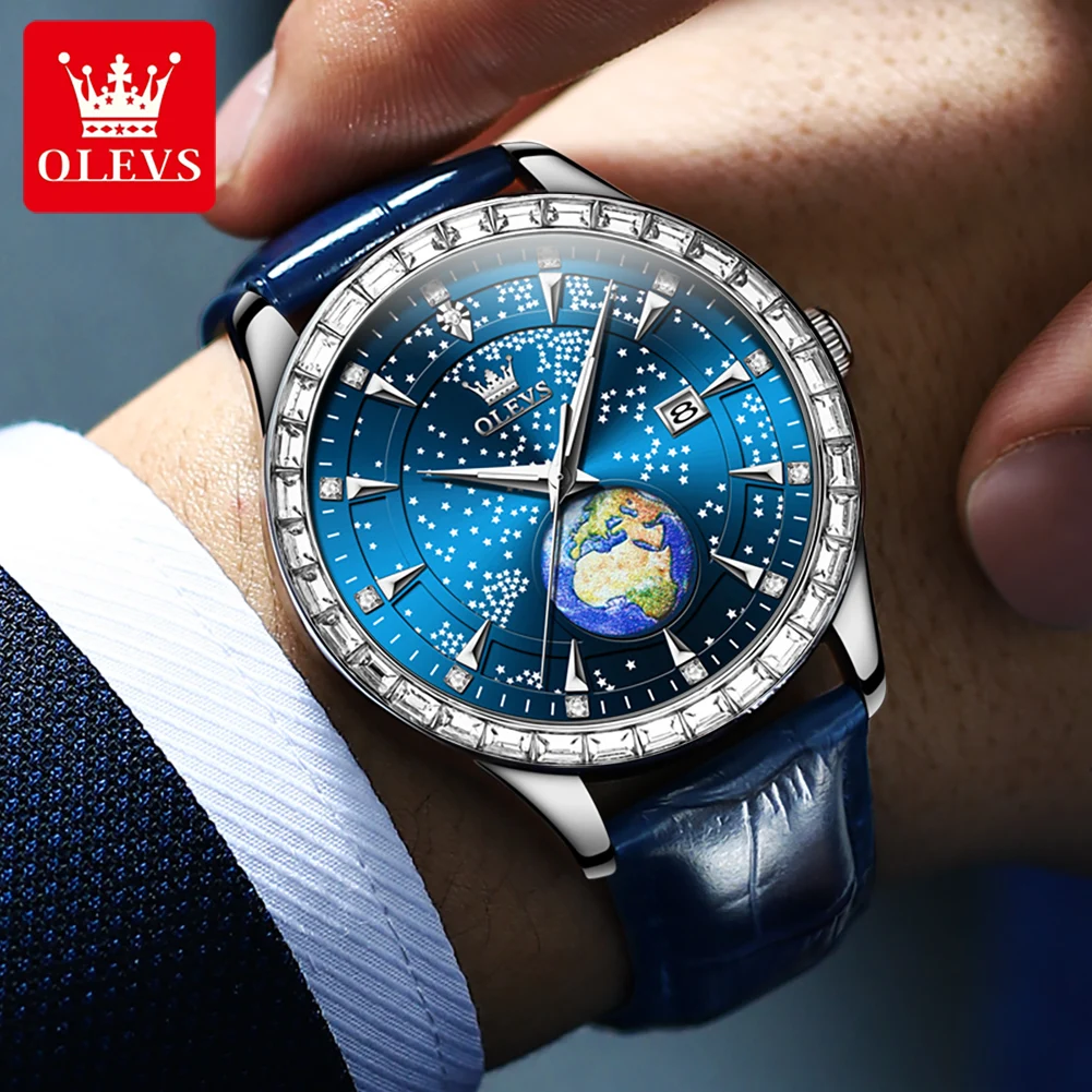 OLEVS Quartz Men\'s Watch Luxury Starry Sky Globe Diamond Dial Blue Leather Wristwatch Stainless steel Quartz Watch for Man New