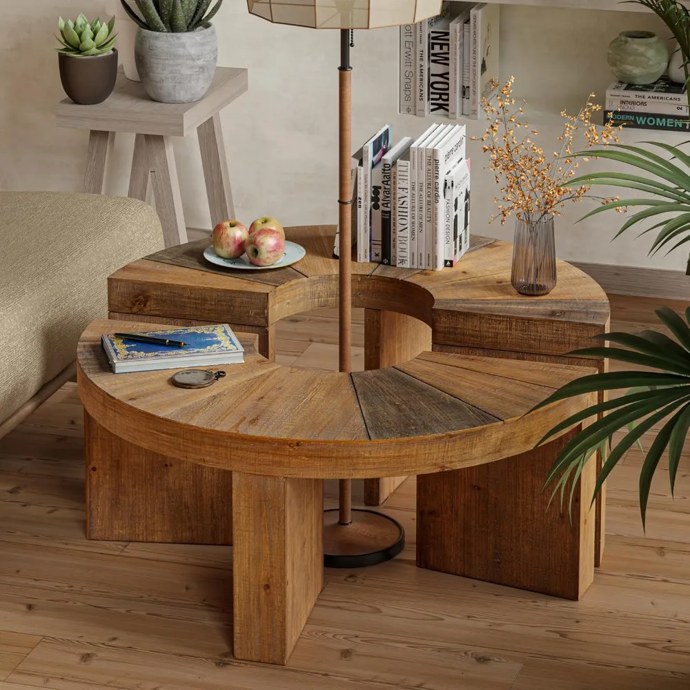 Rustic Round Coffee Table Set with Semi-Circular Design for Living Room