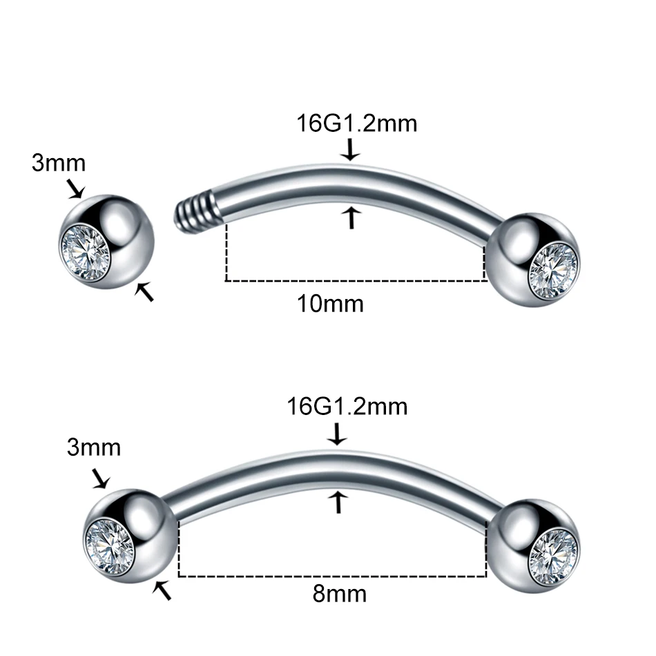 Piercings de acero CZ para cejas y plátano, anillo para labio, barra curva, cartílago del ombligo, pendiente de hélice Daith, joyería Unisex, 1 ud.