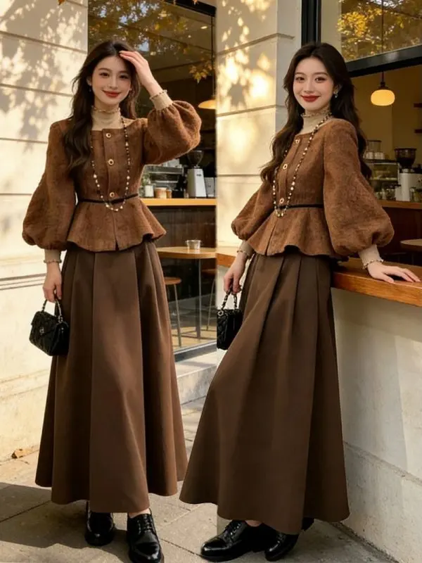 Women's Fashion Spring Suits New Brown Lantern Sleeve Coat Top High Waist Pleated A-line Skirt Set Elegant Office Trendy Outfits