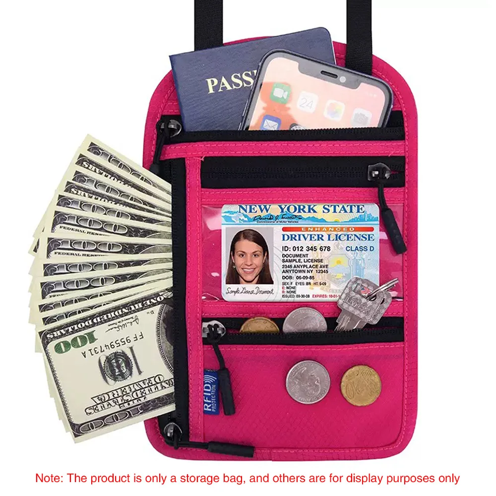 Travel Essential RFID Blocking Neck Passport Pouch Waterproof Neck Wallet Ticket ID Document Storage Bag for International Vacat