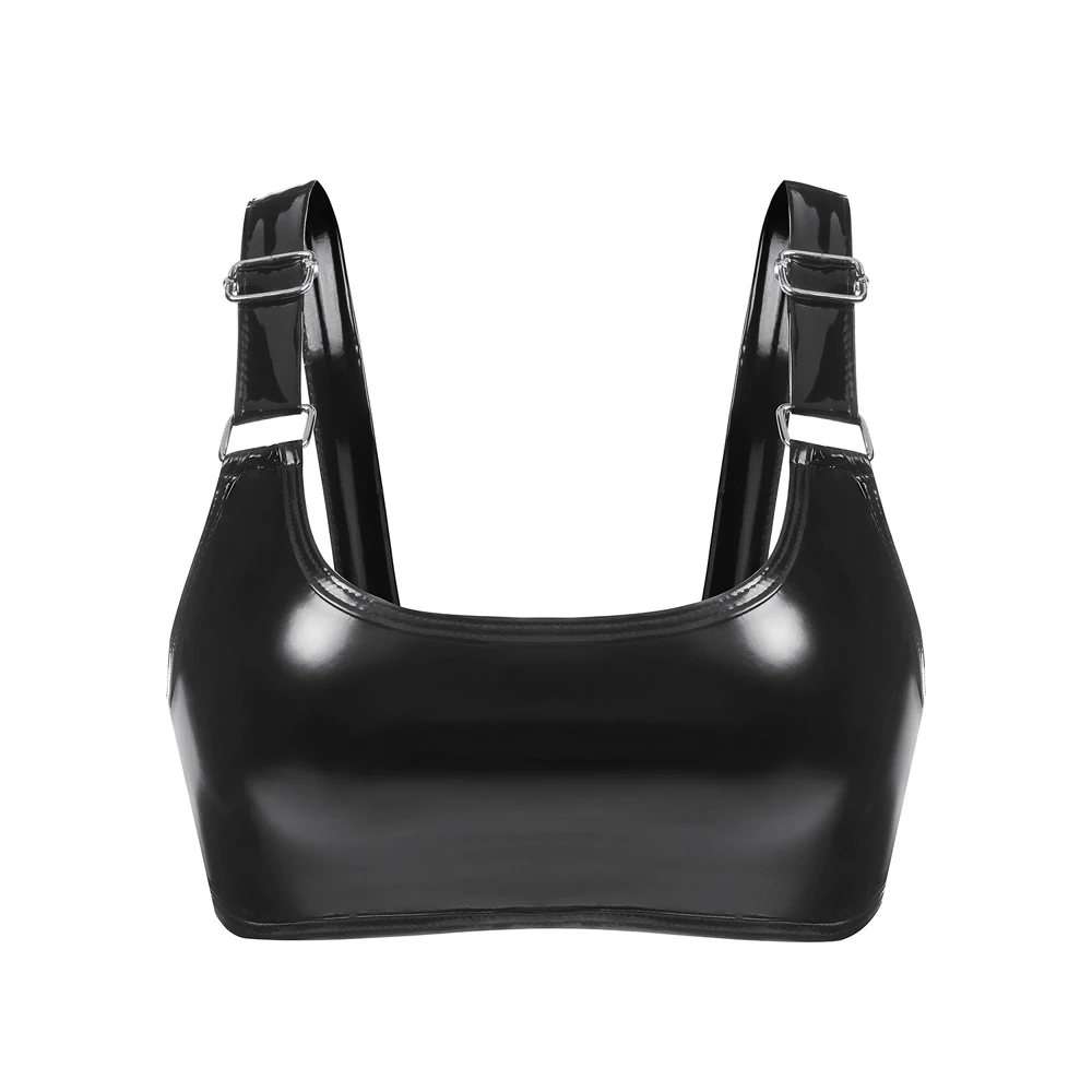 Neues Halfter-Top aus glänzendem PVC-Kunstleder, Bustier-Top, Bikini-Crop-Tops, kurzes Croptop, sexy BH, Clubwear, ärmellose Camisole – Detail 3
