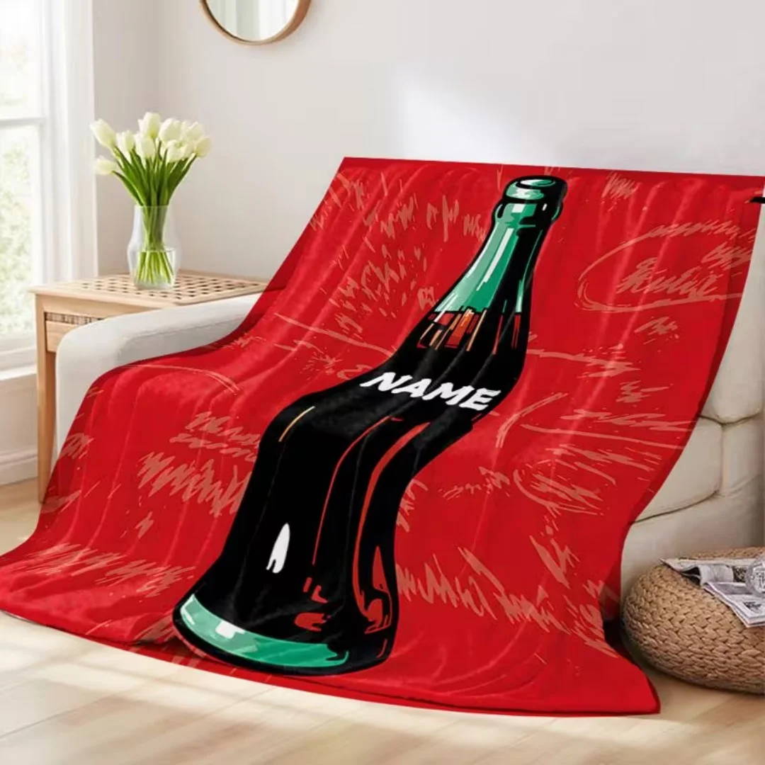 Custom Name Text Cola Bottle Print Flannel Blanket, Soft Warm Throw for Sofa Bed Travel Camping Office Home Decor