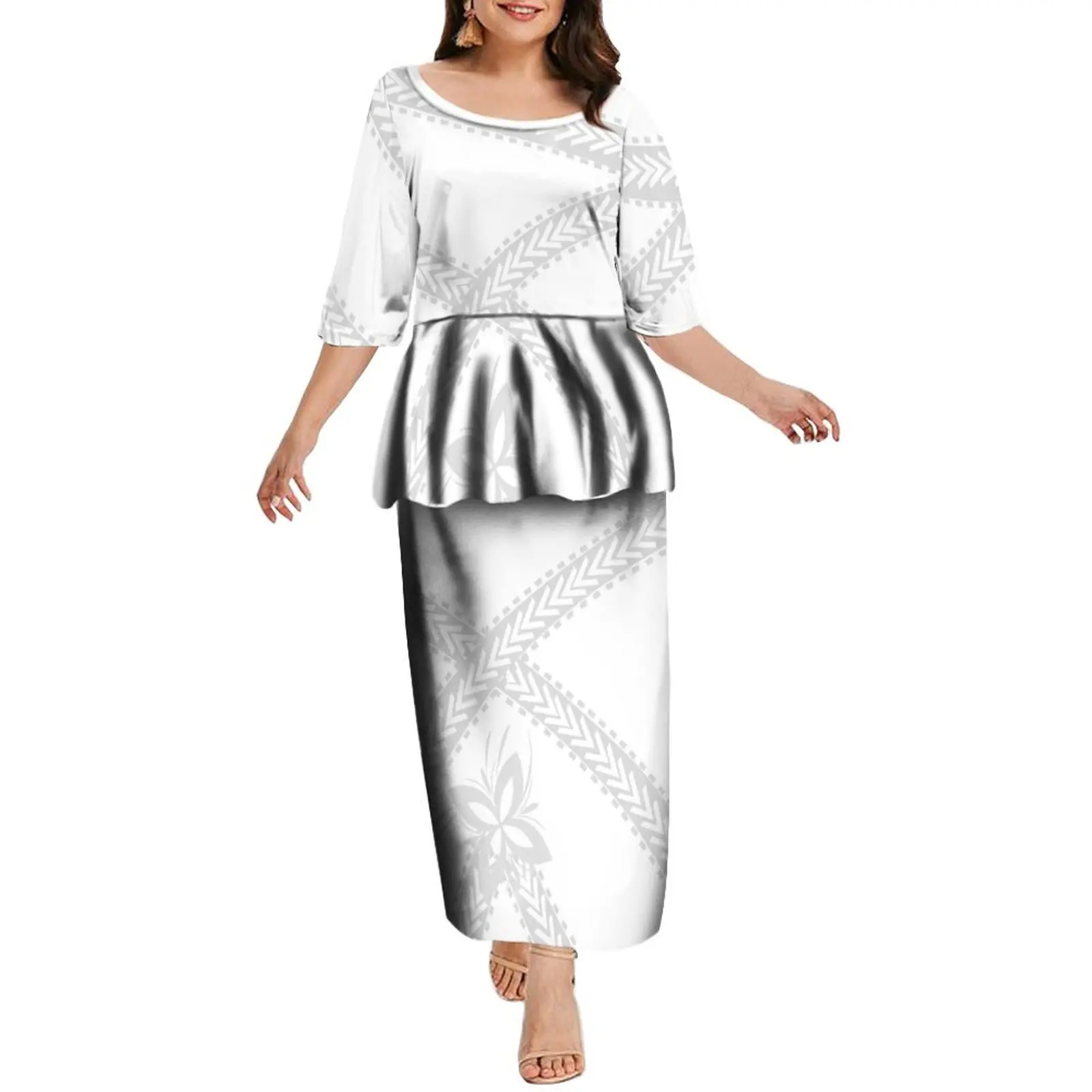 

Женское платье с коротким рукавом Puletasi, белое платье с принтом в полинезийском стиле, длинная юбка, лето 2024