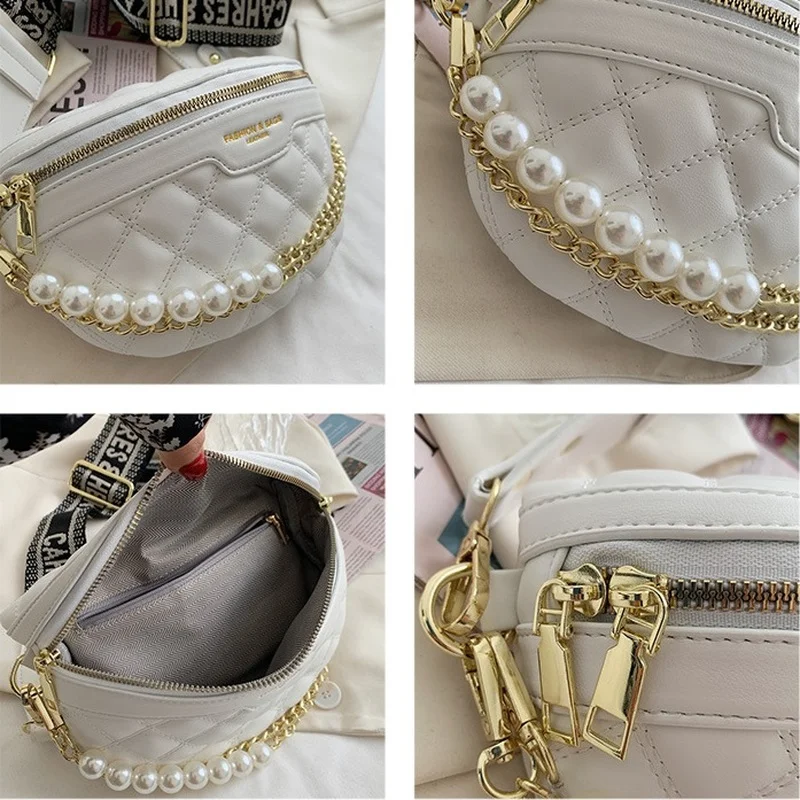 Luxury pearl Beading Chain Waist Bags For Women Diamond Lattice PU Fanny Pack Female Stylish Waist Pack Wide Strap Crossbody Bag