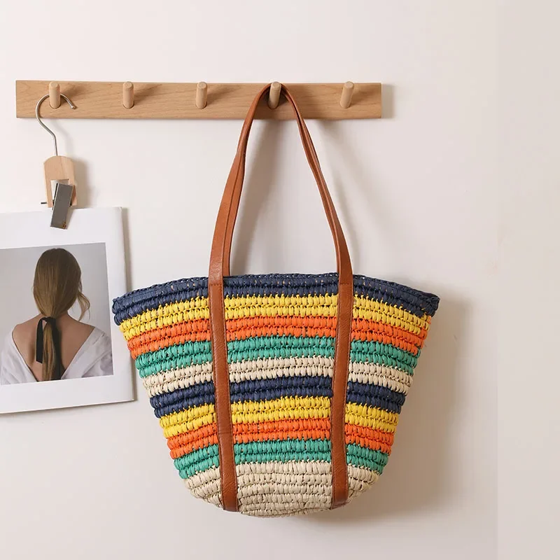 

Large Capacity Striped Beach Bag Vacation Travel Colorful Straw Shoulder Bag Handmade Woven Women Bags Shopper Tote Handbags NEW