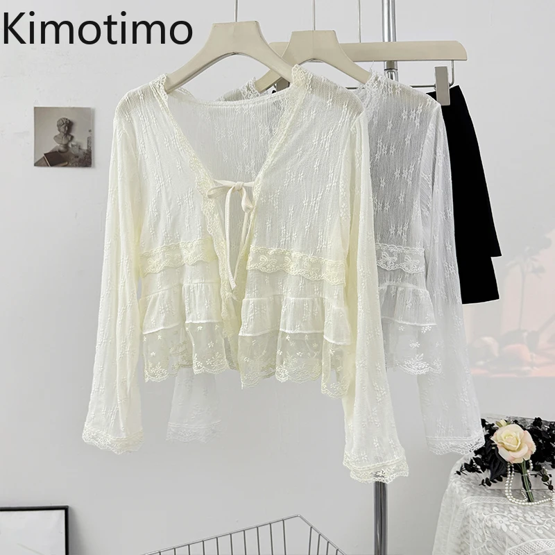 

Kimotimo Hollow Hook Flower Lace Ruffled Long Sleeve Cardigan Women Summer Fairy Transparent V Neck Tied Short Tops Solid Shirt