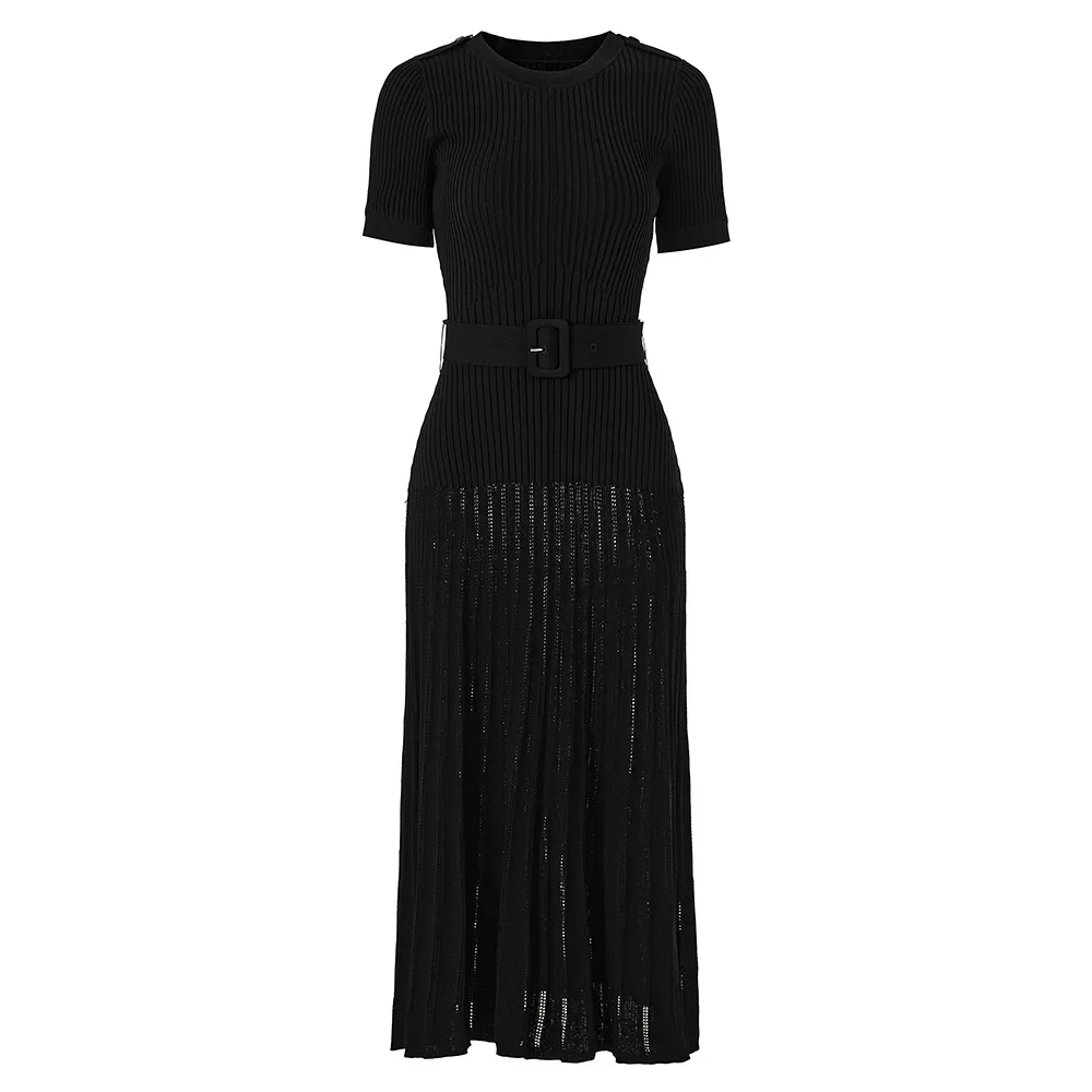 ZJYT 여름 패션 긴 니트 스웨터 드레스 여성 디자이너 짧은 소매 레이스 우아한 슬림 맞는 파티 휴일 드레스 블루