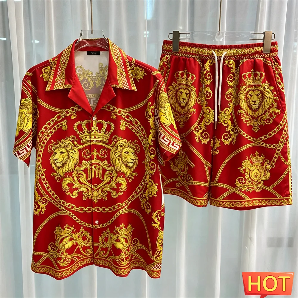 Summer Men's Shirt Set Lion Crown Pattern Luxury two-piece shirt set Casual home high-end button up shirts pants Men's clothing