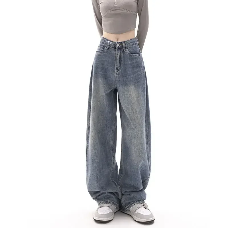 Korean Fashion Y2k Retro Wide Leg High Waist Straight Streetwear Style Blue Jeans Pants Women'S Baggy Denim Trouser Lady Clothes