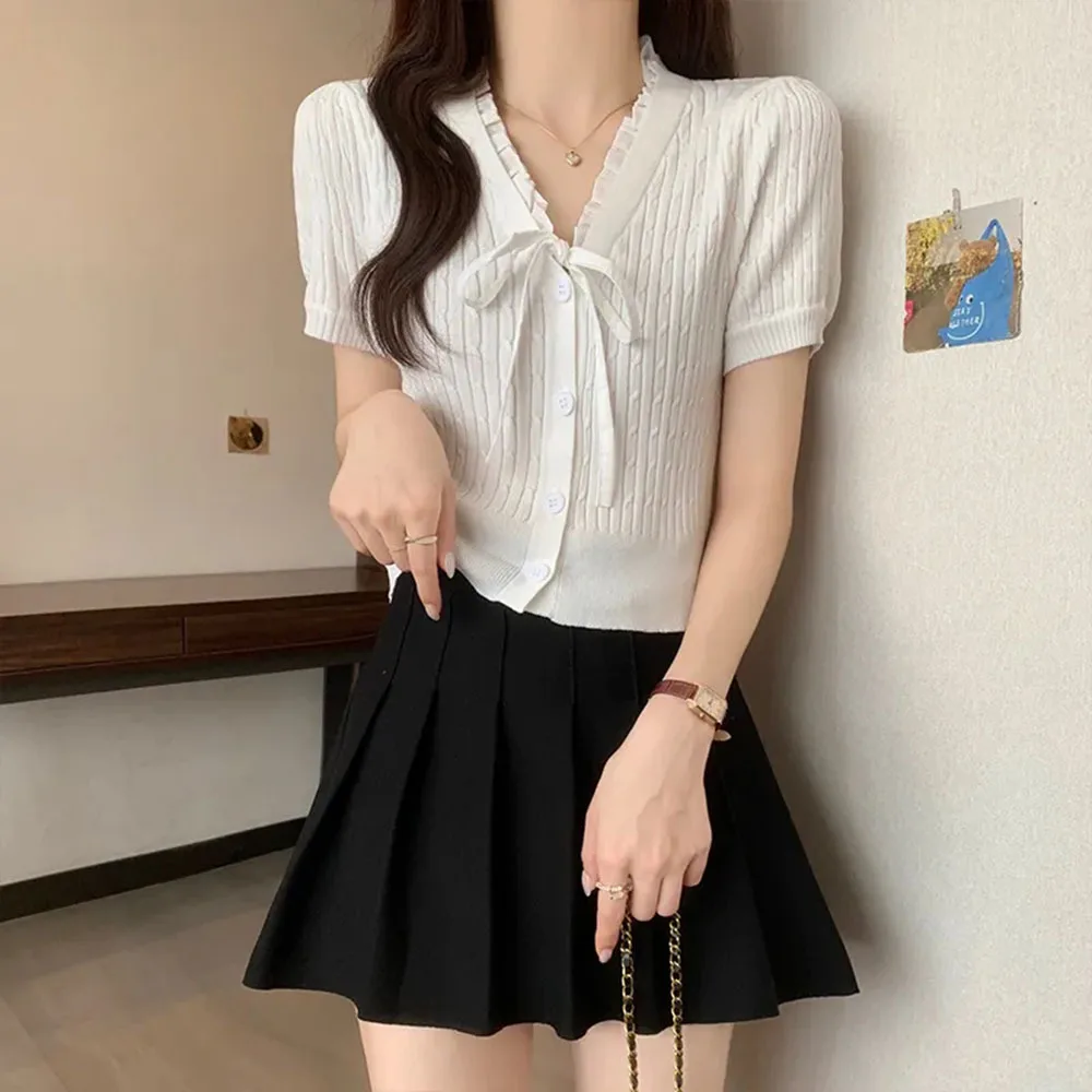 Милая футболка с оборками Y2k для женщин, вязаная футболка с v-образным вырезом, весна-лето, контрастного цвета, Ropa De Mujer, корейская мода, милые майки