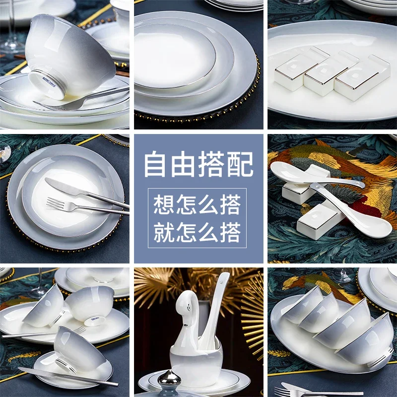 

Jingdezhen Bowl and Dish Set Household Modern Light Luxury Noodle Bowl Anti-Scald High-Leg Rice Bowl Fish Dish High-Grade Sense