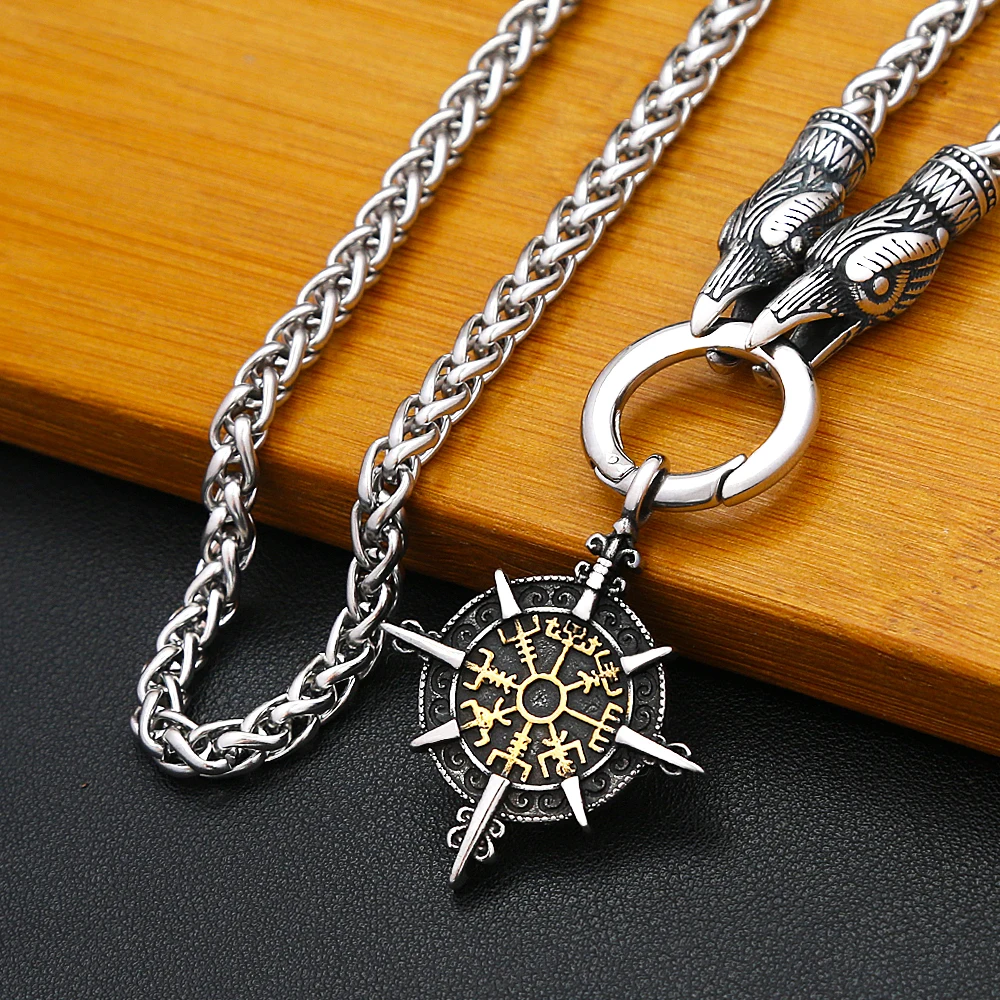 Norse Viking Compass Vegvisir Stainless Steel Pendant Necklace Animal Clasp Design For Men Women Stylish Amulet Jewelry Gift