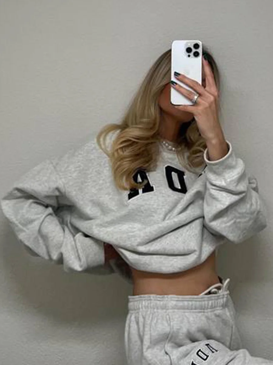 

Autumn New Letter Applique Sweatshirt Women 2024 O Neck Long Sleeve Loose Casual Sport Pullovers Streetwear Fashion Sweatshirts