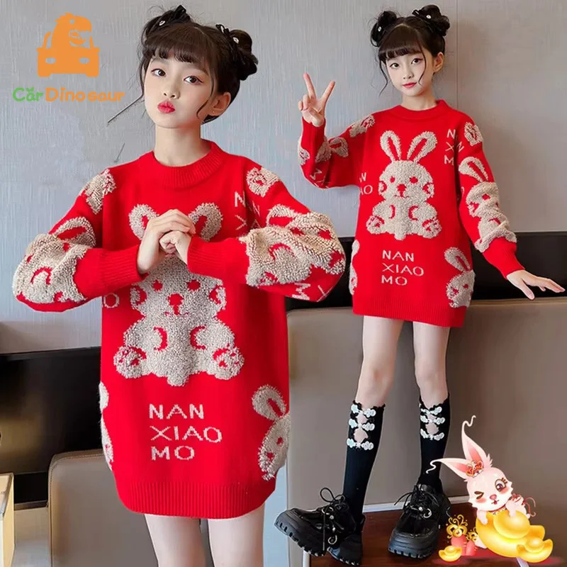 

2025 Christmas New Year 110-170cm Family Matching Clothes Outfits Teenages Girls Knitted Rabbit Red Sweater For Mother Daughter