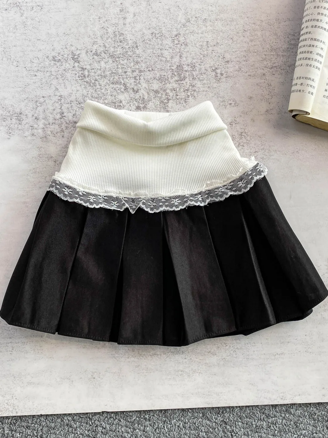 

Foamlina Knitted Patchwork Mini Pleated Skirt for Women Fashion Sweet High Elastic Waist Floral Lace Trimed Short Skirts Summer