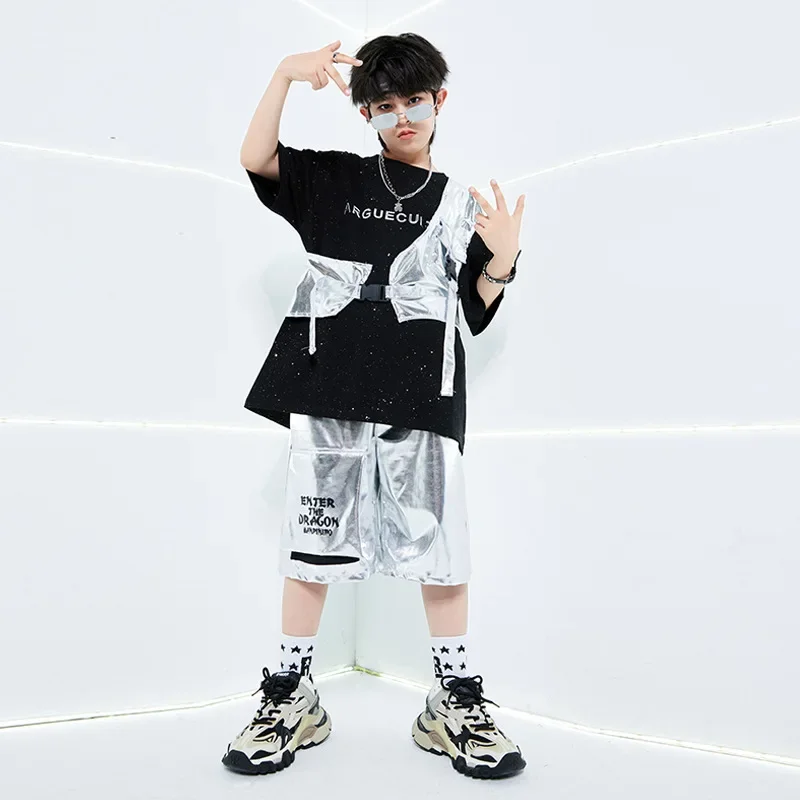 Kids Black T-shirt Hip Hop Silver Vest Street Dance Shorts Girls Sequin Skirt Teens Boys Jazz Clothes Sets Summer Stage Costumes