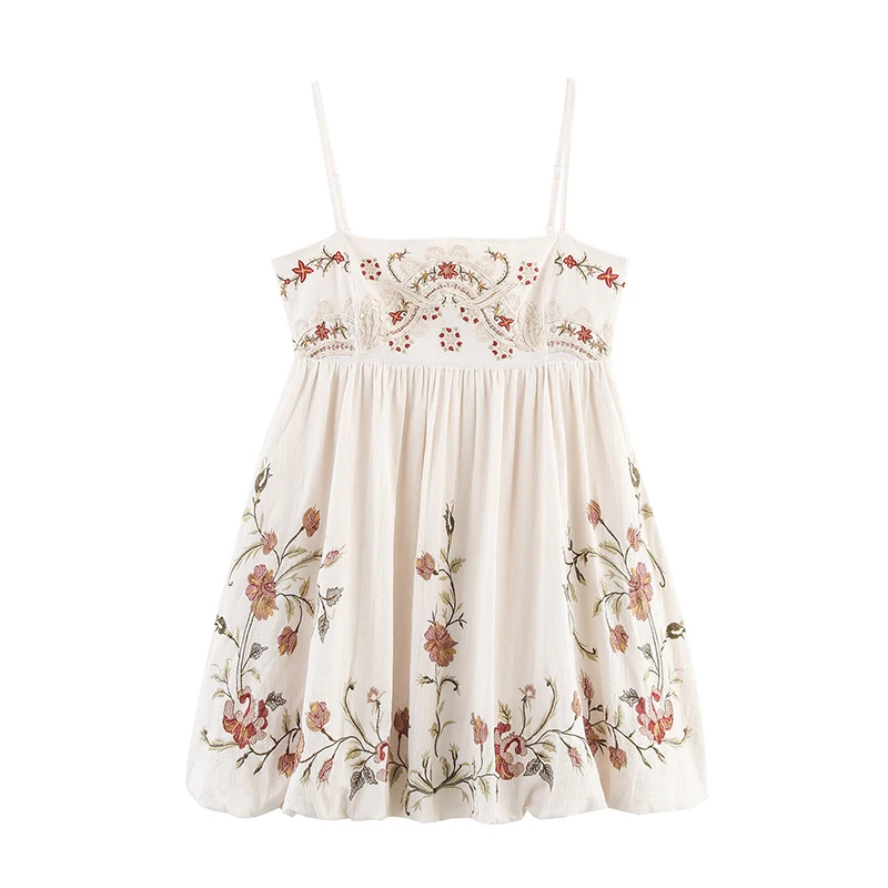 

Casual Holiday Summer Dresses 2025 Women Sexy Spaghetti Straps Balloon Hem Floral Embroidery Dress Short Vestidos