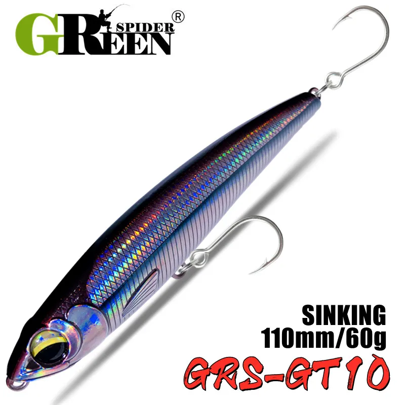 GREENSPIDER  Sinking Pencil Fishing Lures 110MM 60G Wobbler Stickbait Artificial Hard Bait for Sea Tuna GT Fishing Lure 4X Hook