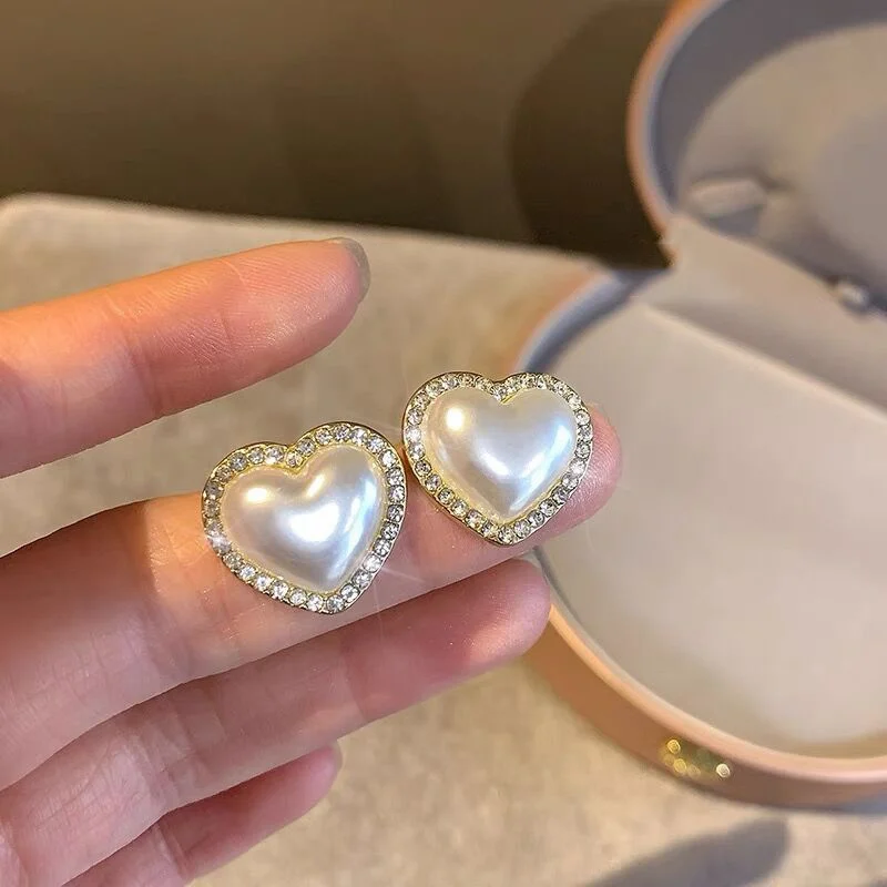 Gold Plated Pearl Heart Stud Earrings Shiny Rhinestone Earring Metal Elegant Fashion Romantic Female Couple Jewelry Wedding Gift