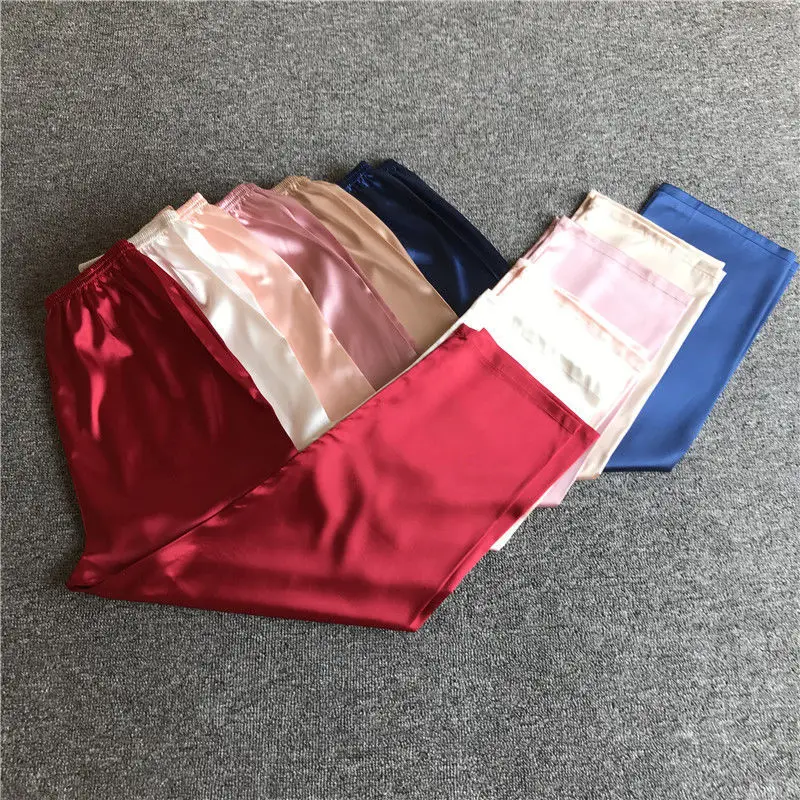 Glossy satin pajamas pants Women silk loose Sleeping plus size trousers