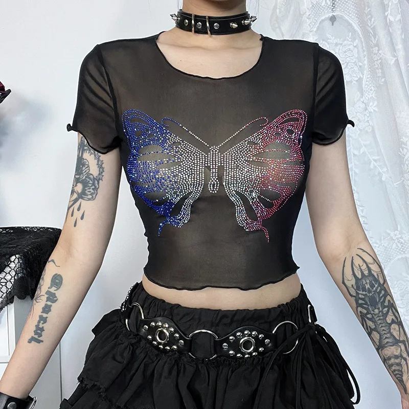 Yangelo Y 2K Vlinder Korte Mouw T-Shirts Sexy Zwart Kant Mesh Doorzichtig Slanke Crop Top Vrouwen Zomer Kleding Grunge Tees