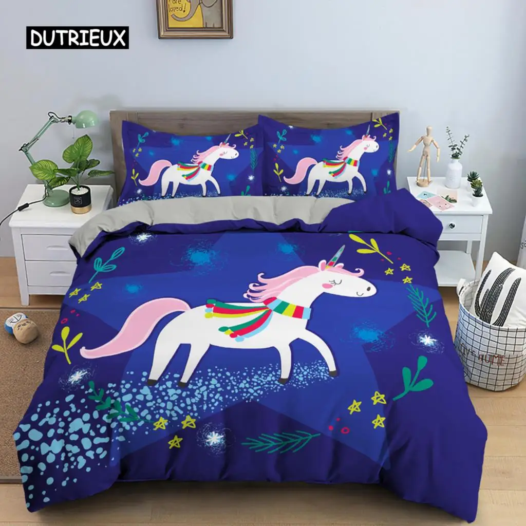 

Unicorn Duvet Cover Set Cartoon Animal Bedding Set Single Twin King For Kids Girls Polyester Romantic Theme Star Comforter Cover