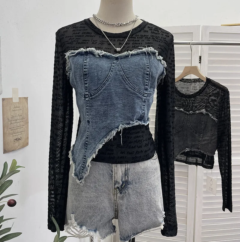 2026 Spring New Fake Two-piece Perspective Mesh Letter Printing Splicing Denim Long-sleeved T-shirt Top for Women