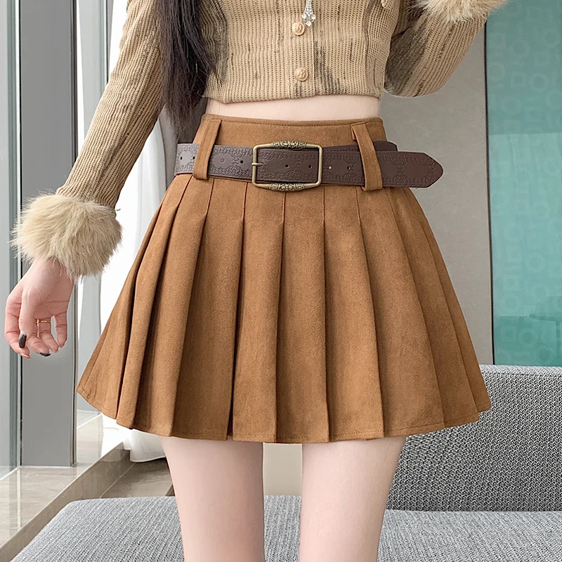 

Seoulish Vintage Women's Suede A-Line Mini Skirts 2025 Autumn Winter Solid Color High Waist Slimming Pleated Skirt with Belt