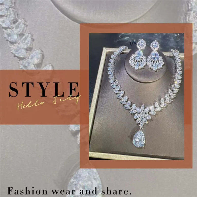 Super Shine Wedding Jewelry Sets For Women White Diamant Cubic Zircon Water Drop Earring Necklace Set Luxury Party Accessories