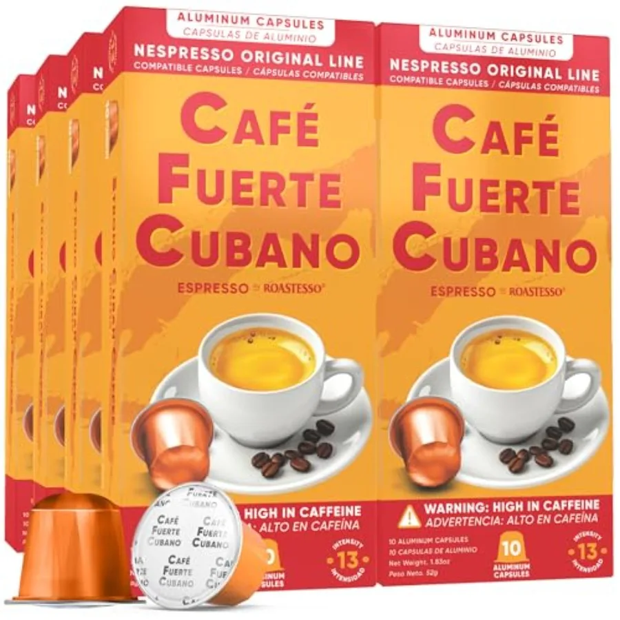 

Капсулы для эспрессо Café Fuerte Cuba из алюминия, совместимые с оригинальными кофемашинами Nespresso, темная обжарка, интенсивность 13, высокое содержание кофеина.