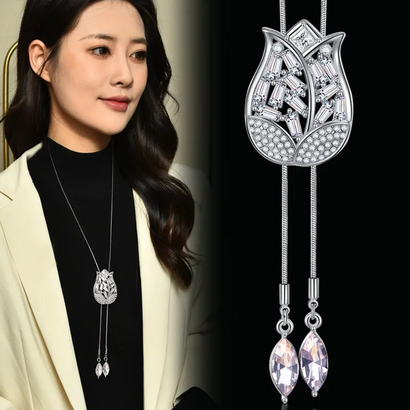سلسلة سترة جديدة مرصعة بالألماس على شكل توليب، قلادة طويلة متعددة الاستخدامات وعصرية للنساء في الخريف والشتاء