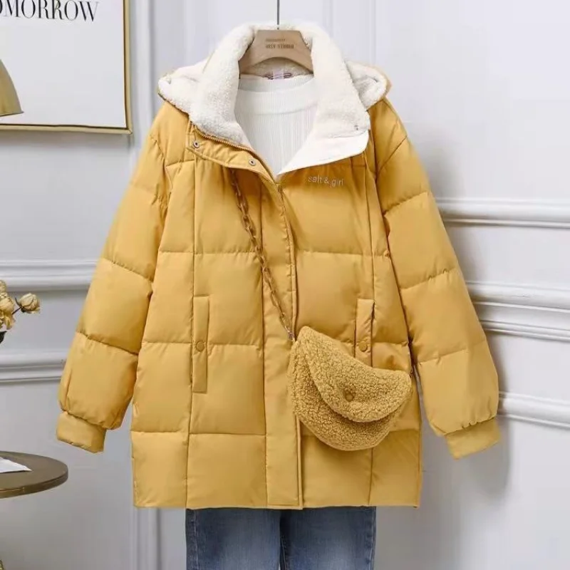 2023 New Winter Cotton Clothing Women Fashion Versatile Length Loose Cotton Jacket Hooded Cotton Cotto Lamb Wooln Jacket