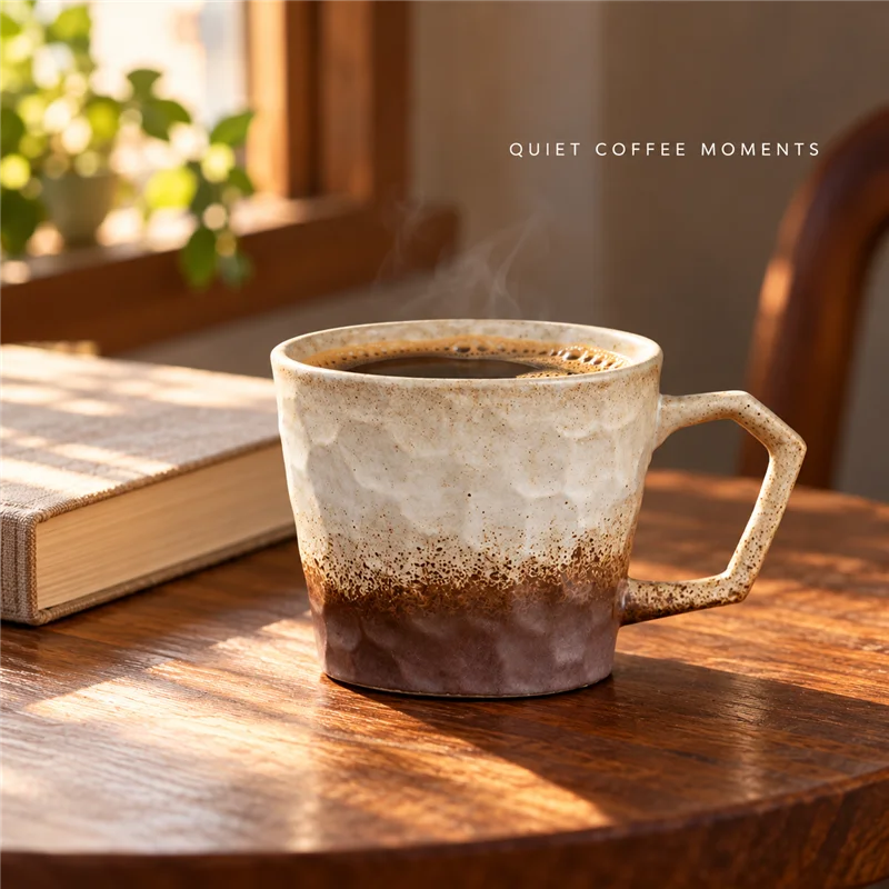 BIGE 340ml Textured Ceramic Coffee Mug with Geometric Handle, Faceted Glaze Cup in 4 Colors for Coffee and Milk