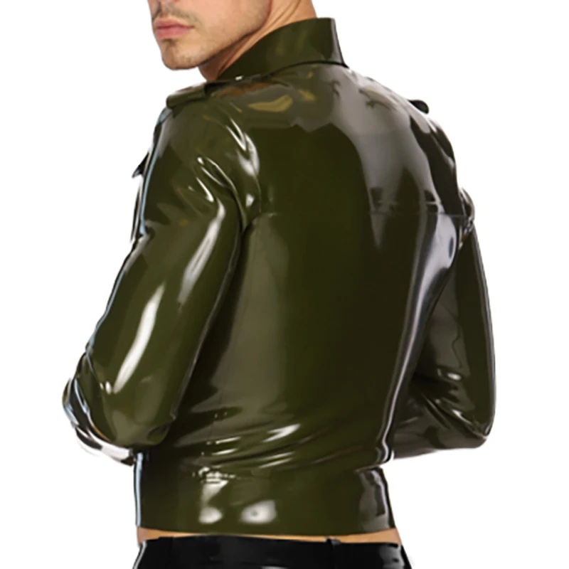 Silver And Black Trims Sexy Latex Jacket Cuffs Buttons At Front Rubber Tops Turn Down Collar Clothes Plus Size YF-0295