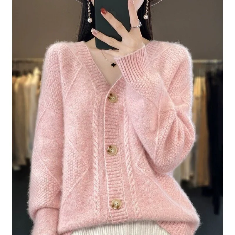 2023 Autumn and Winter Women\'s Solid V-Neck Loose Long Sleeve Single Breasted Knitted Cardigan Fashion Casual Commuter Tops