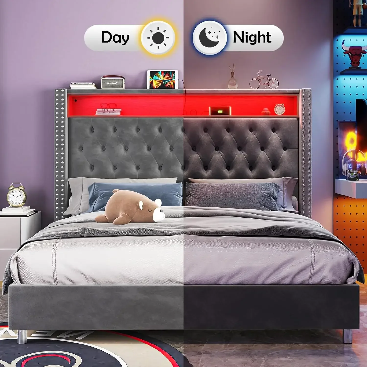 L LED Queen Size Bed Frame And Headboard With Charging Station Velvet Upholstered Platform Bed No Box Spring Needed