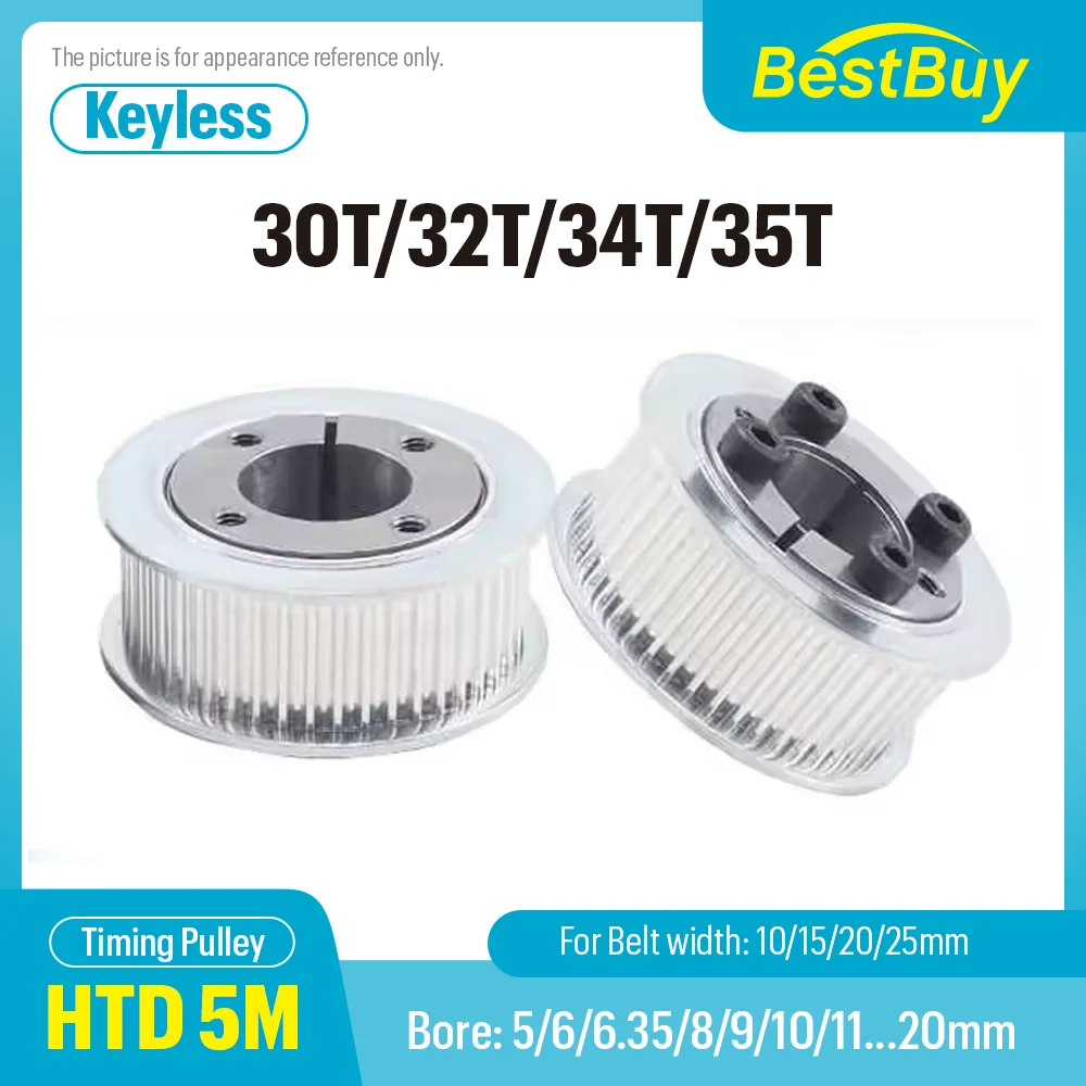 

HTD 5M 30T/32T/34T/35Teeth Timing Pulley Keyless Bushing Bore 5/6/6.35/8/9/10/11/12/14/15-20mm for Belt Width 10/15/20/25mm