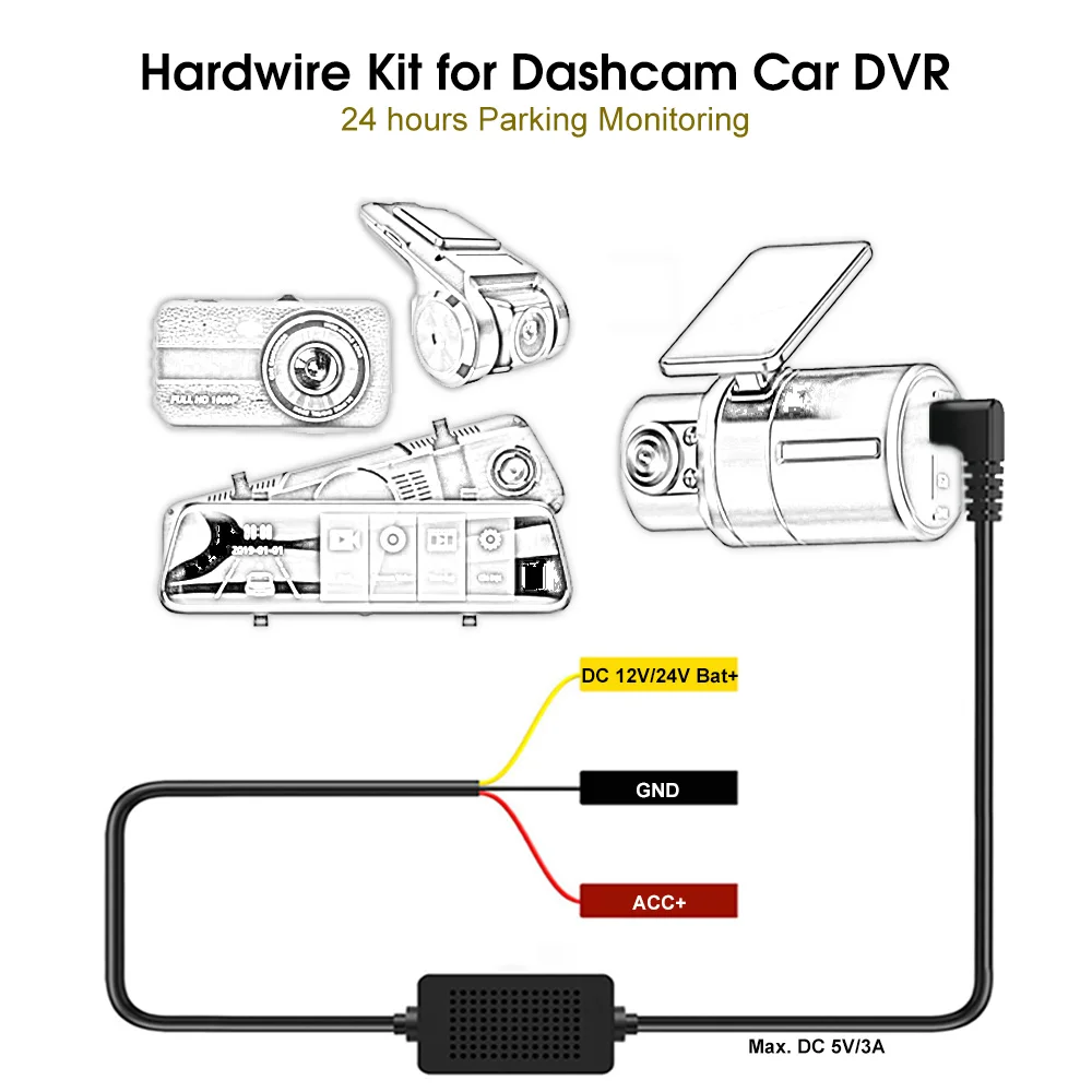 

Dash Cam Hardwire Kit Buck Line USB Adapter Cable For Dashcam Mirror DVR Charger 24 Hours Parking Monitor 24V 12V To 5V 3A Fuse