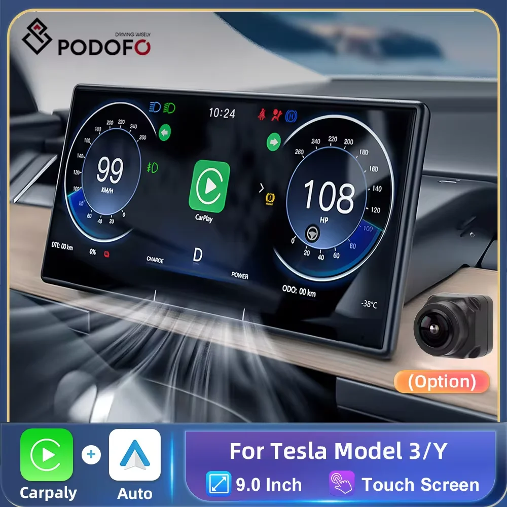 Podofo-accesorios para Tesla con salida de aire Modelo 3 Y, pantalla Digital para salpicadero, cabezales inalámbricos, Carplay, Android, Auto