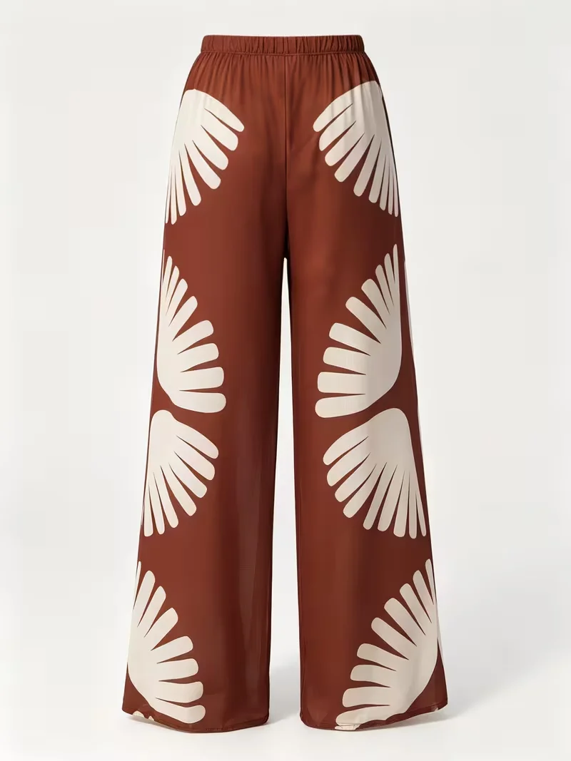 Women's New Summer Versatile High-Waisted Elastic Waist Printed Wide-Leg Beach Pants, lightweight and Sheer Casual Pants