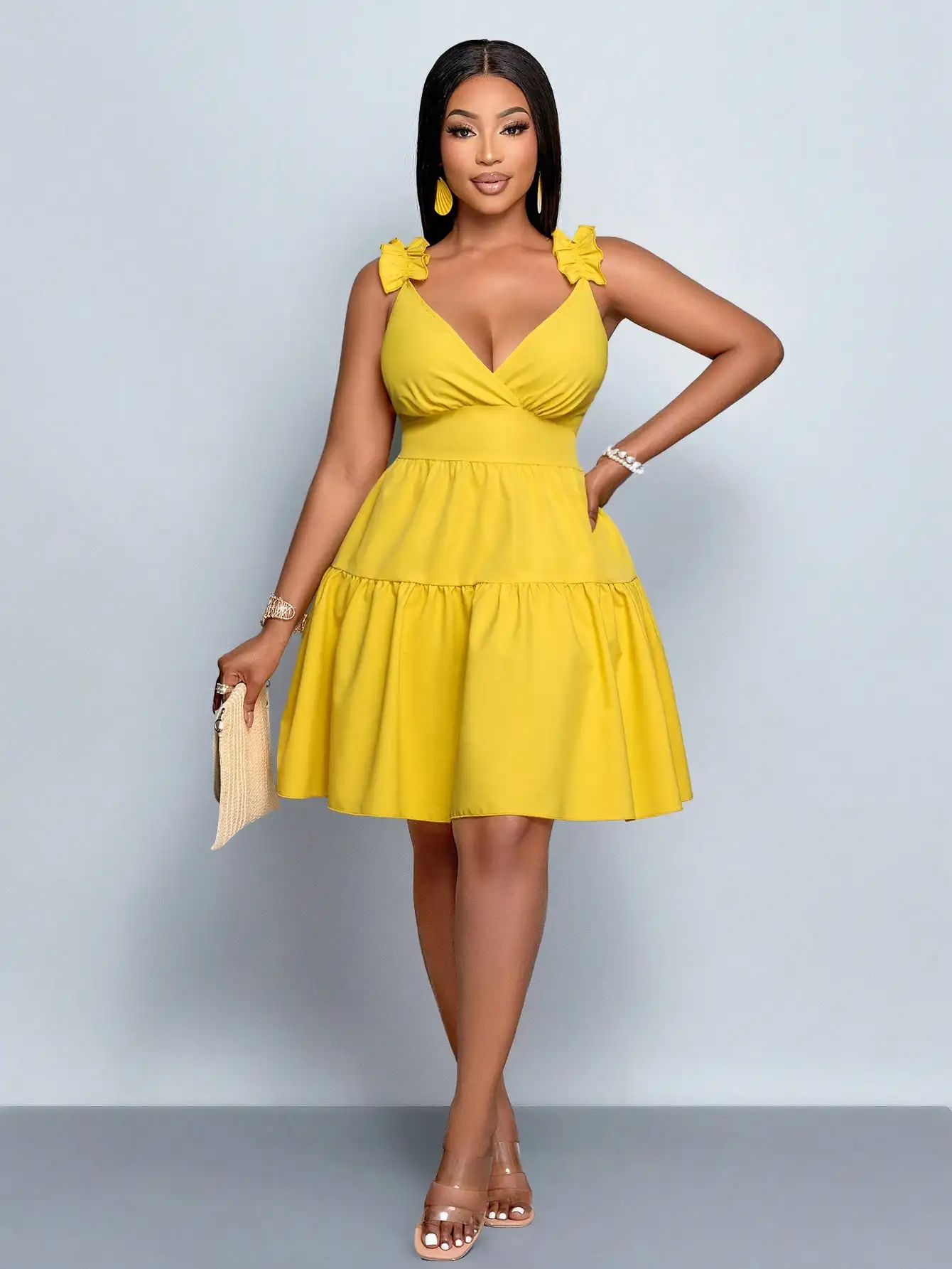 

Желтое мини-платье А-силуэта с рюшами и многоярусной юбкой для женщин, повседневное, для летних вечеринок