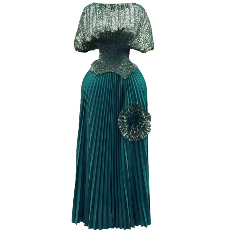 

V-neck Short-sleeved Solid-coloured Top High-waisted Pleated Bustier Skirt Two-piece Set 2025 Summer New Miyake Women's Suit